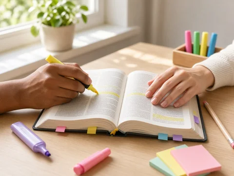 Hands highlighting a study Bible at a bright desk
