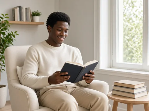 Young man reading a book in a sunny armchair