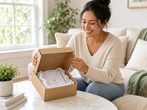 Woman happily opening a gift box with a cross necklace
