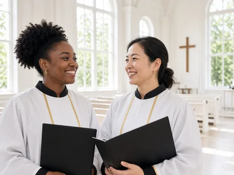 Choir members holding choir folders in a bright church