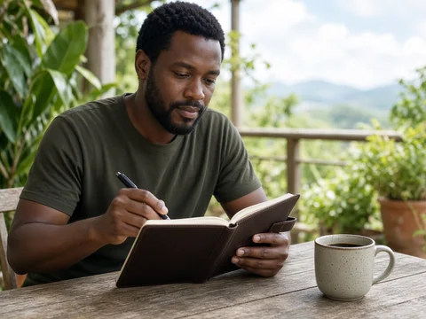 Man writing in a leather journal outdoors in daylight