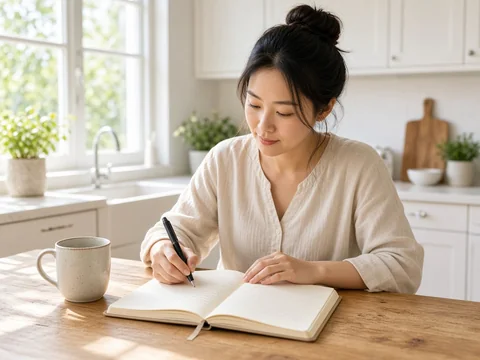 Woman writing in a prayer journal at a sunny kitchen table
