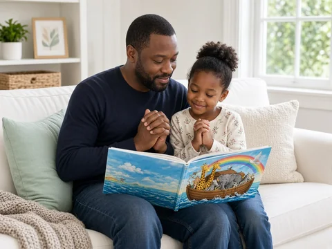 Father and child praying with a children's Bible