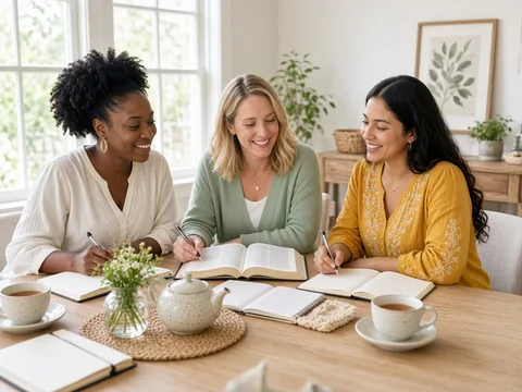 Women at a Bible study with tea