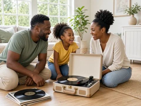 Family gathered around a record player smiling