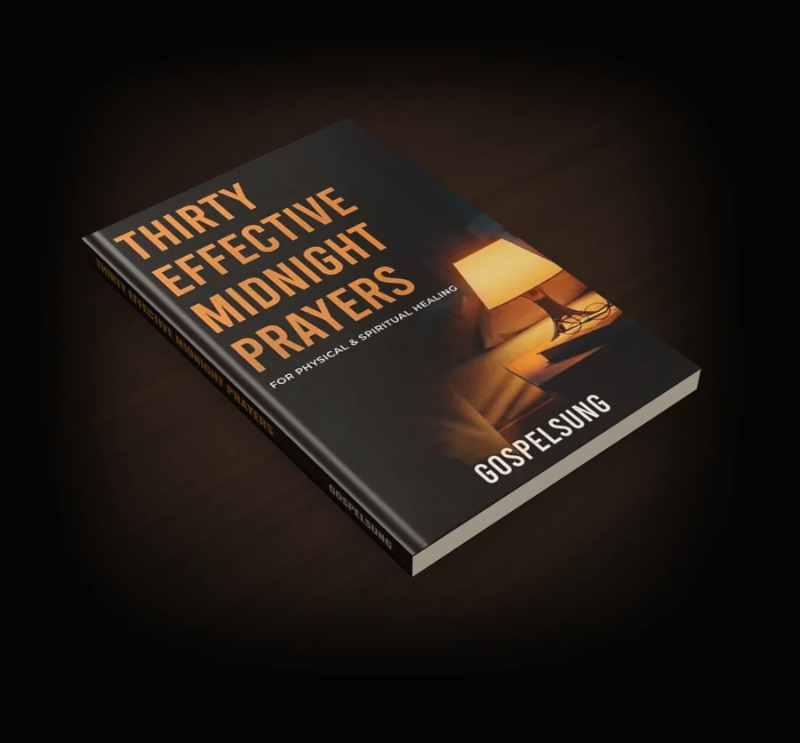Thirty Effective Midnight Prayers, a free eBook by GospelSung, lying on a dark wooden nightstand